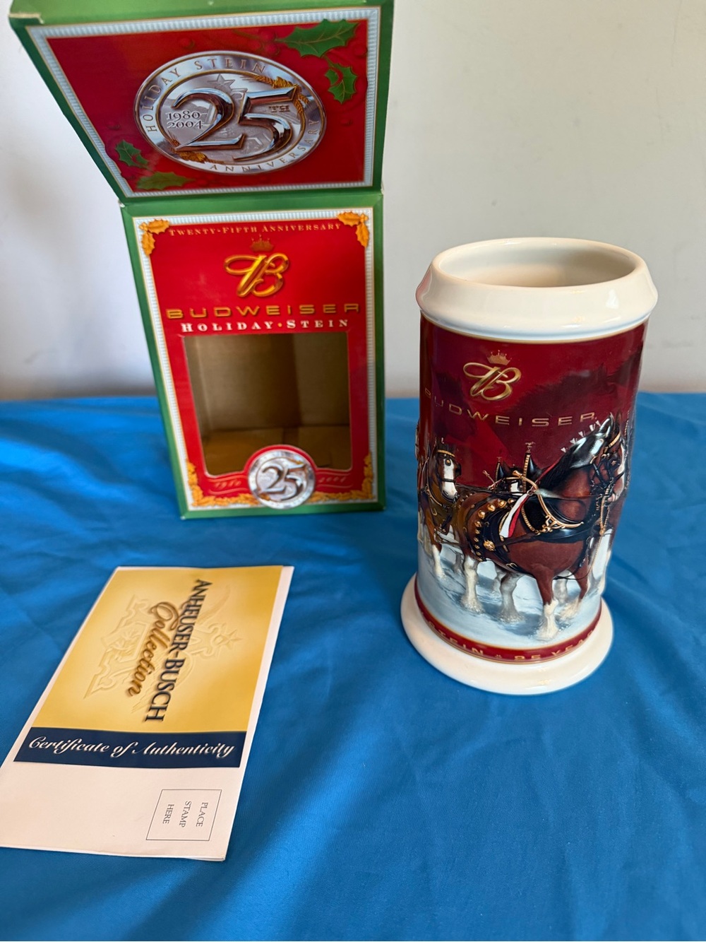 Budweiser Red Holiday Ceramic Stein with Clydesdale Team 25th Anniversary